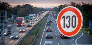 speed limit sign 130 above german highway, autobahn