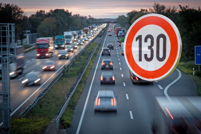 speed limit sign 130 above german highway, autobahn