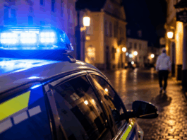 Blaulicht in einer nächtlichen Altstadt