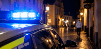 Blaulicht in einer nächtlichen Altstadt