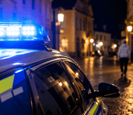 Blaulicht in einer nächtlichen Altstadt