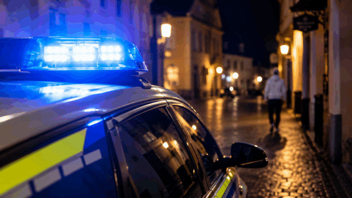 Blaulicht in einer nächtlichen Altstadt