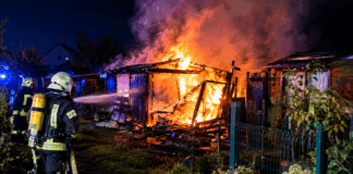 (Symbolbild) Feuerwehr im Einsatz am brennenden Gartenschuppen Foto: KI generiert