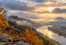 Herbstliches Flusstal im Nebellicht