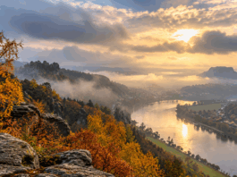 Herbstliches Flusstal im Nebellicht