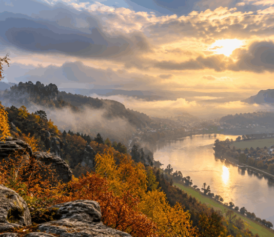 Herbstliches Flusstal im Nebellicht