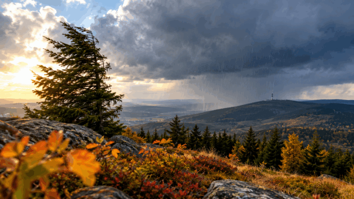 Sturmfront über herbstlichen Bergwäldern