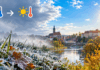 Vom Frost zur Sonne über der Flussstadt