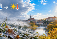 Vom Frost zur Sonne über der Flussstadt