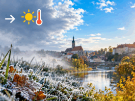 Vom Frost zur Sonne über der Flussstadt