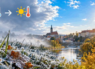 Vom Frost zur Sonne über der Flussstadt
