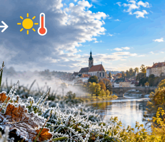 Vom Frost zur Sonne über der Flussstadt