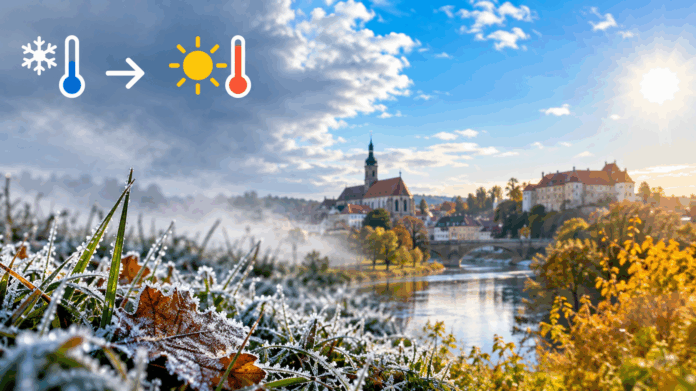Vom Frost zur Sonne über der Flussstadt