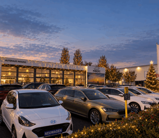 Weihnachtliches Autohaus im Abendlicht