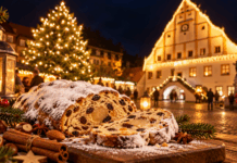 Weihnachtsstollen am festlichen Marktplatz