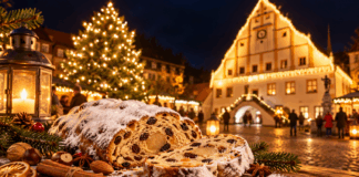 Weihnachtsstollen am festlichen Marktplatz