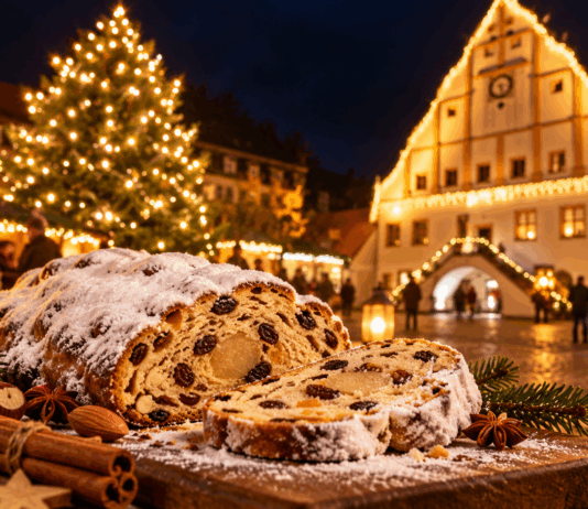 Weihnachtsstollen am festlichen Marktplatz