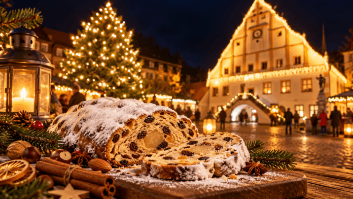 Weihnachtsstollen am festlichen Marktplatz