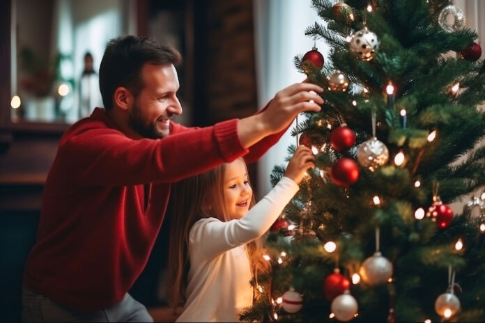 Happy father and his little daughter decorate the Christmas tree at home. Christmas lights. Selective focus. Blurred background.